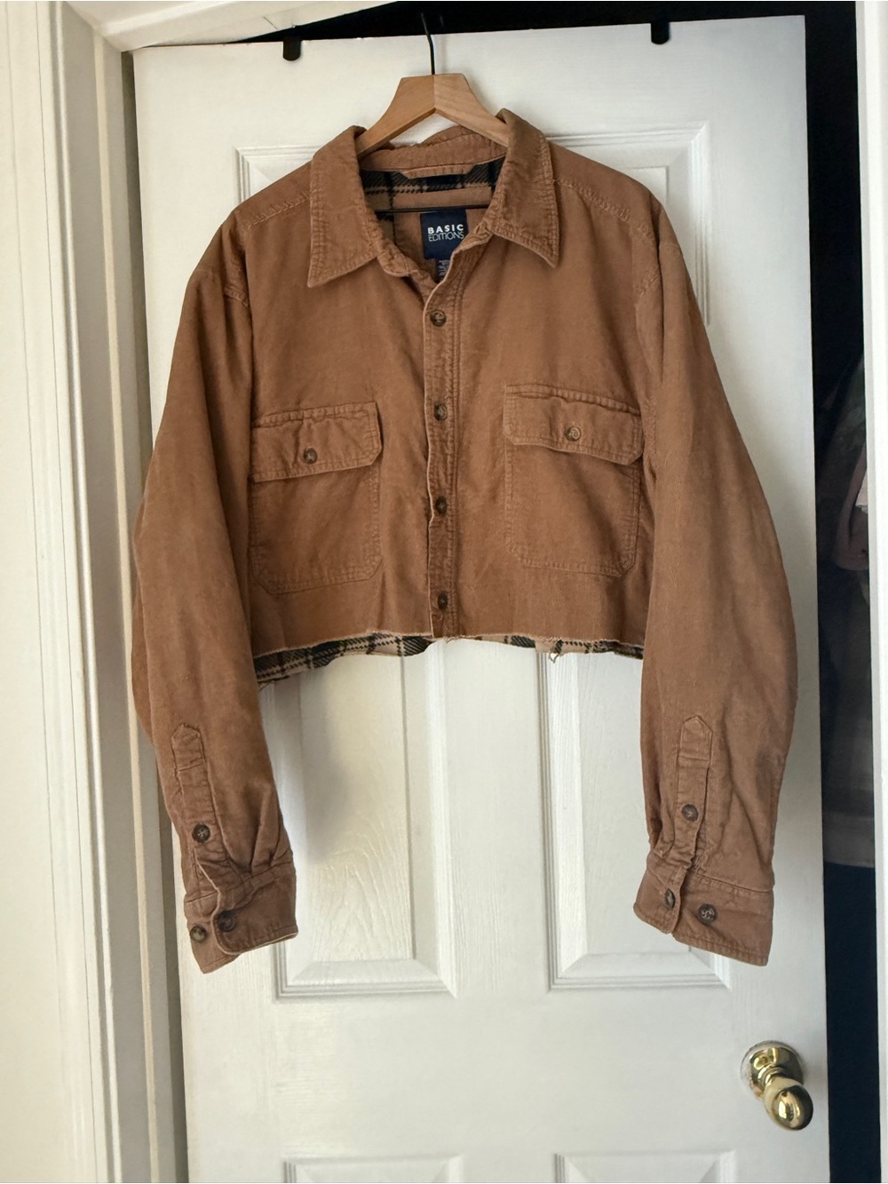 Basic Editions Cropped Brown Utility Jacket Cotton Blend Plaid Inside